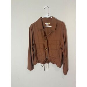 C&C California Brown Utility Jacket Cropped Drawstring Button Front Women XS